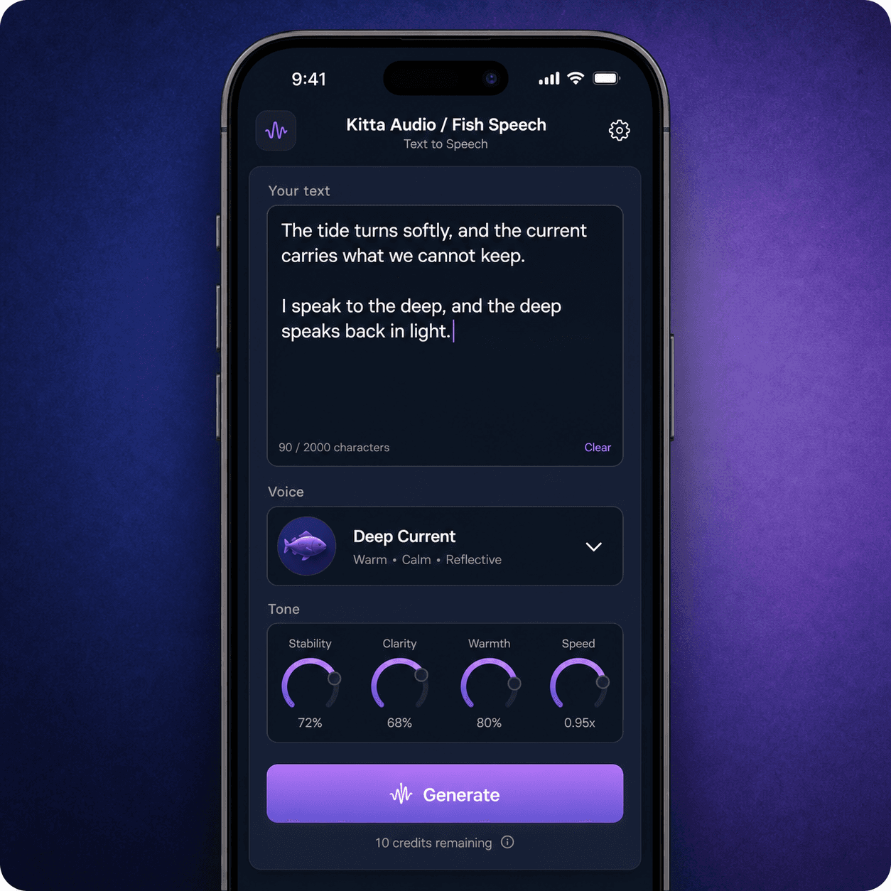 Text-to-speech creation screen in the Fish Audio mobile app