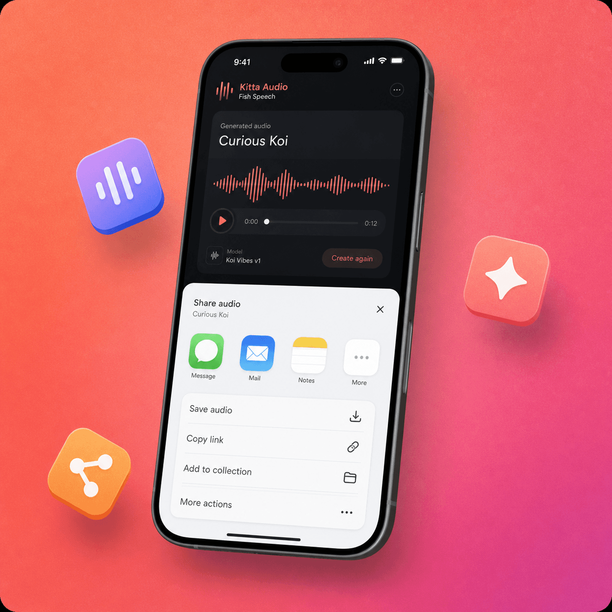 Audio sharing sheet in the Fish Audio mobile app