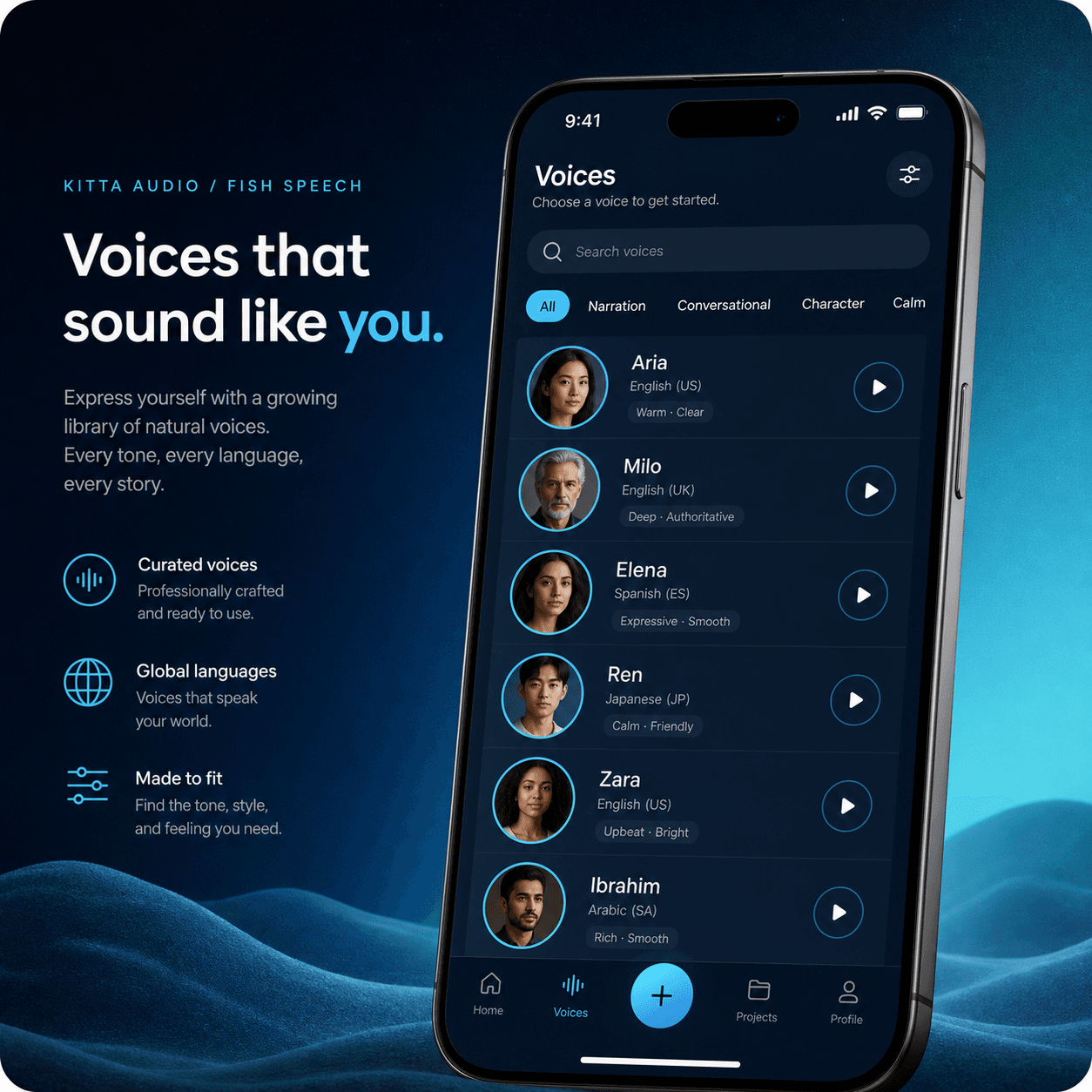 Voice library in the Fish Audio mobile app